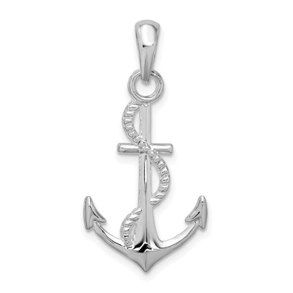 925 Sterling Silver RH Plated 3-D Nautical Anchor with Rope Necklace Charm Chain - Picture 2 of 10